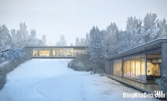 Ngôi nhà với tông màu đen nằm giữa một vùng tuyết trắng